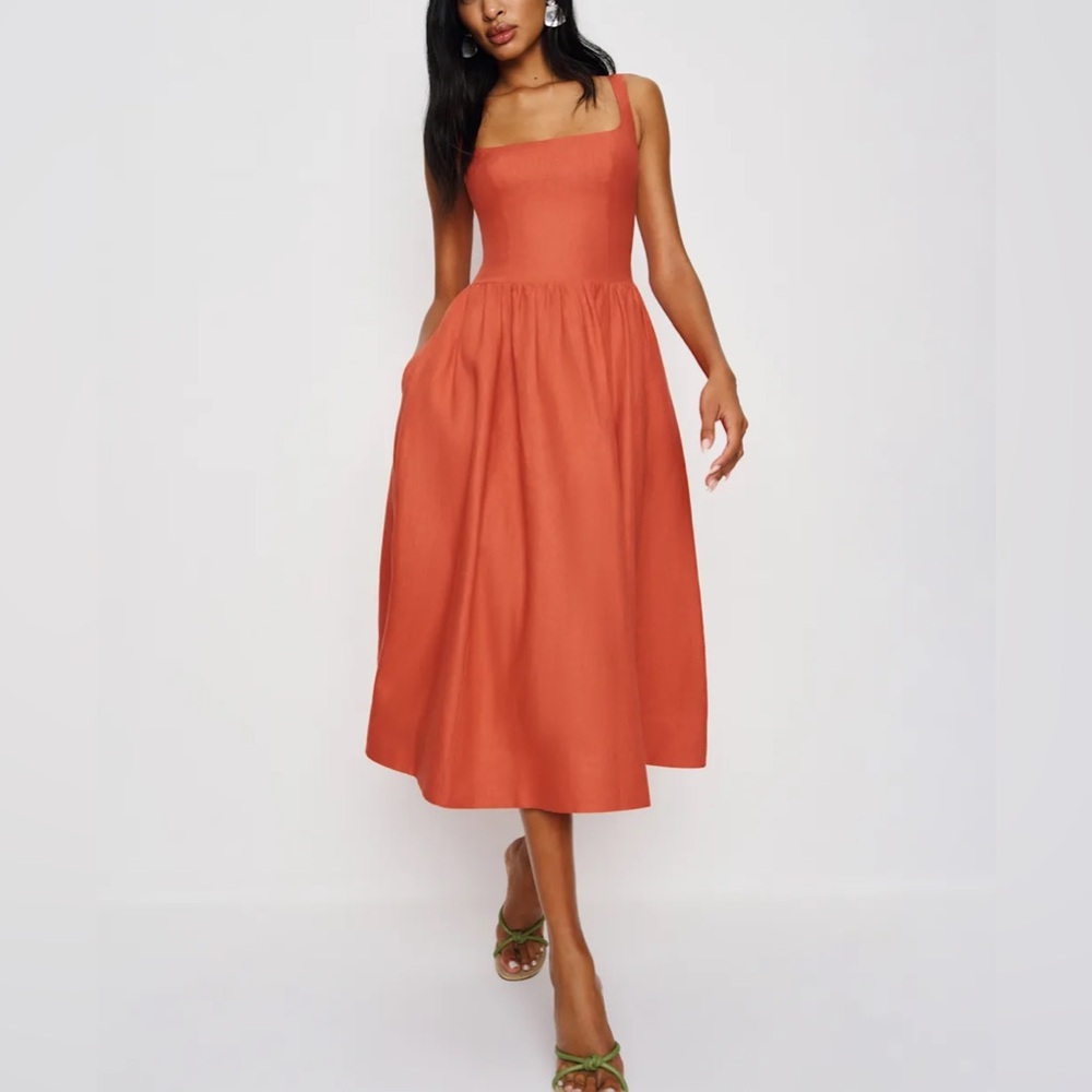 Reformation Rust Orange Square-Neck Midi Dress